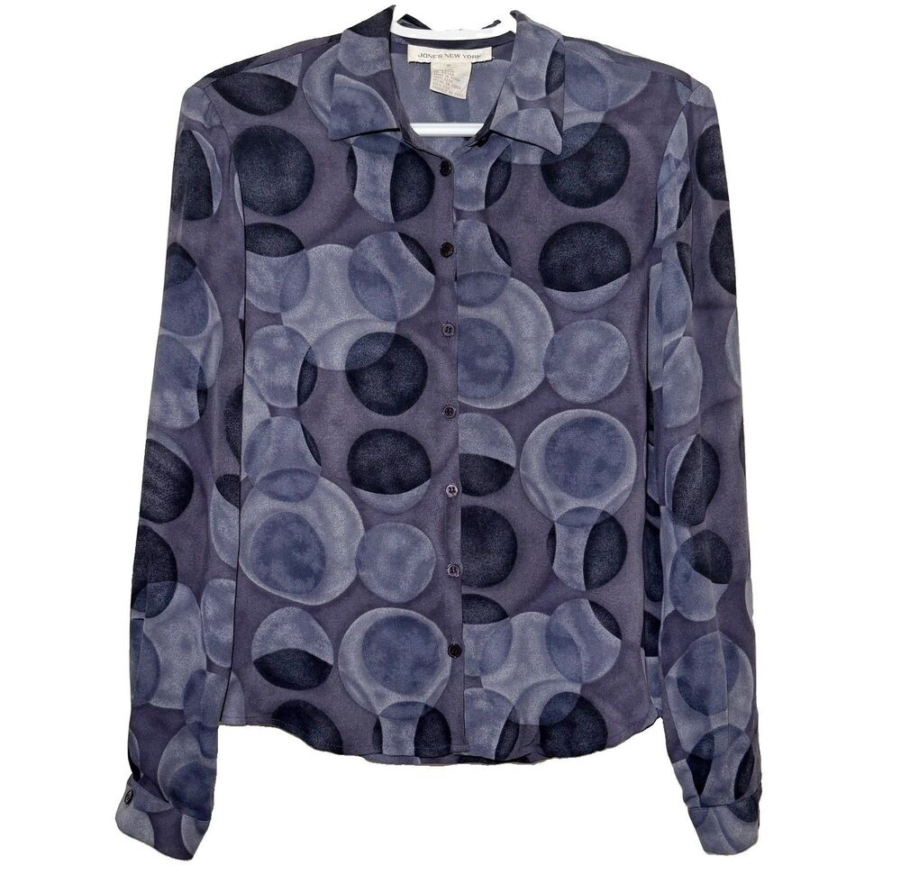 Jones New York 100% Silk Blouse Womens 6 Gray Abstract Circle Button Front Top